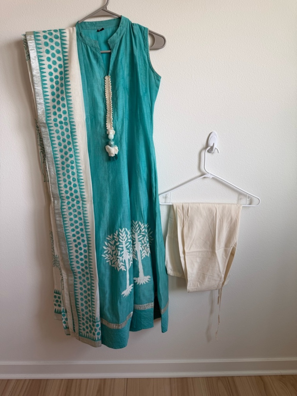 Turquoise & Cream Embroidered Cotton Kurta Set